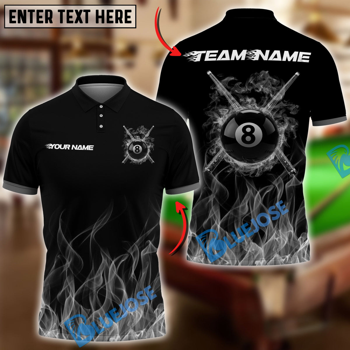 BlueJose Billiards Ball 8 Flaming Cross Cue Personalized Name Shirt (6 Colors)