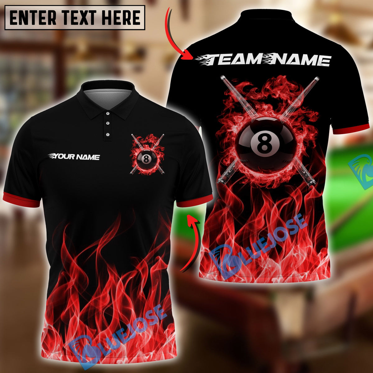 BlueJose Billiards Ball 8 Flaming Cross Cue Personalized Name Shirt (6 Colors)
