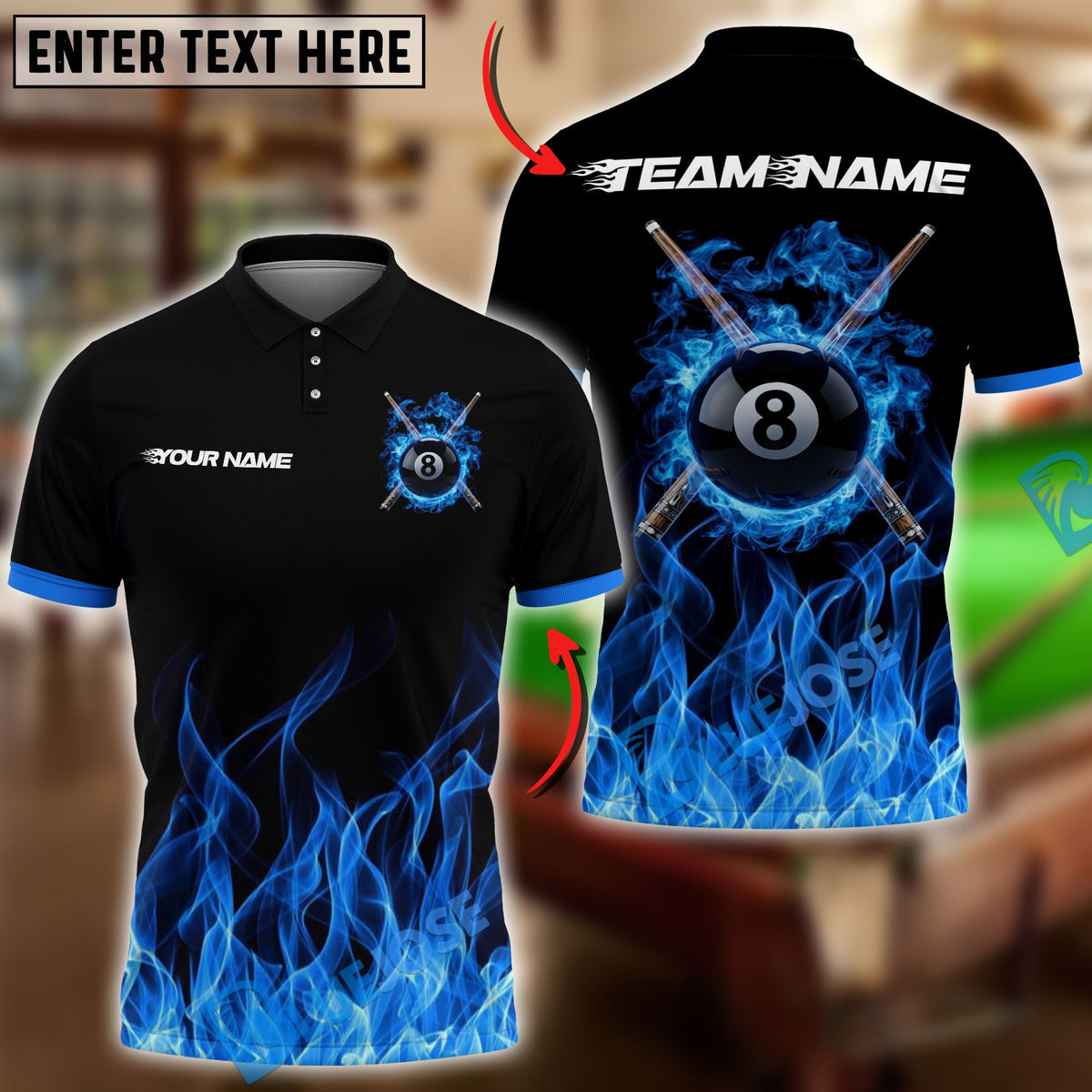 BlueJose Billiards Ball 8 Flaming Cross Cue Personalized Name Shirt (6 Colors)
