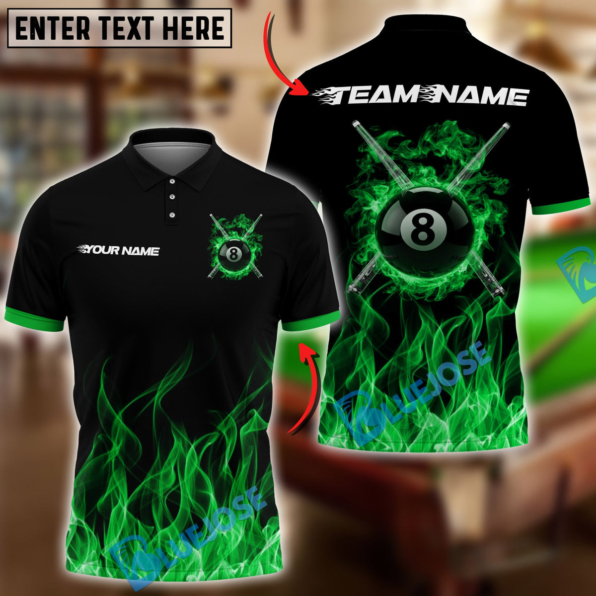 BlueJose Billiards Ball 8 Flaming Cross Cue Personalized Name Shirt (6 Colors)