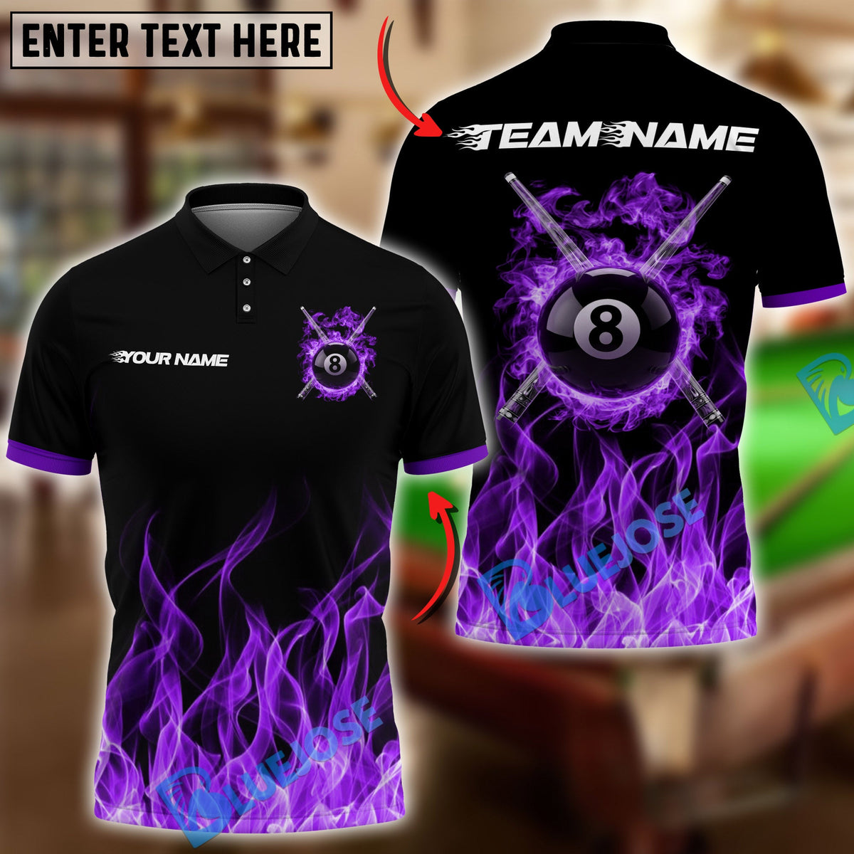 BlueJose Billiards Ball 8 Flaming Cross Cue Personalized Name Shirt (6 Colors)