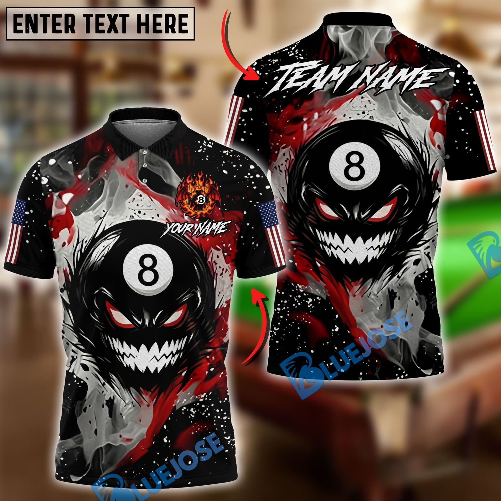 BlueJose Billiards Ball 8 Evil Fire Monster American Flag Personalized Name Shirt (4 Colors)
