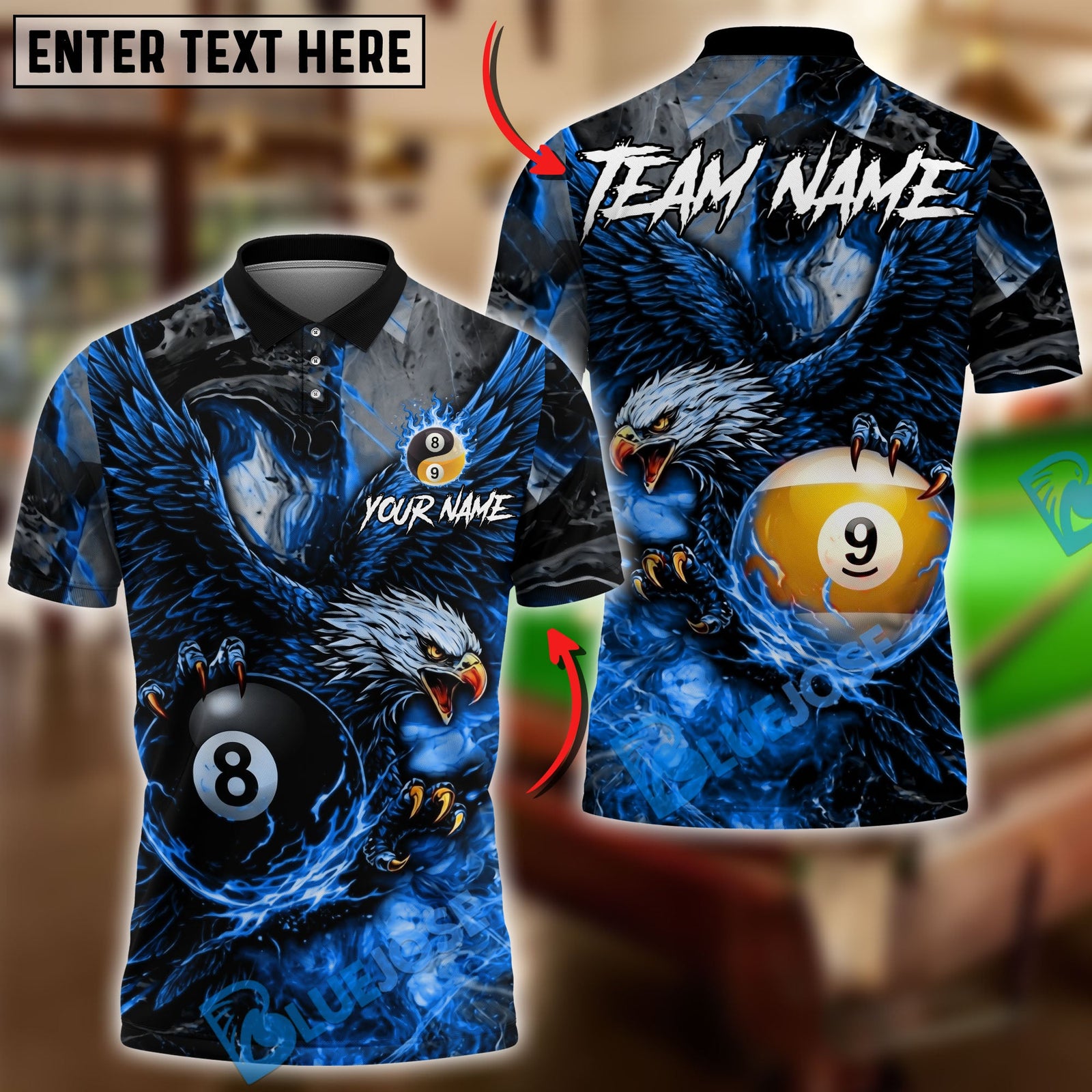 BlueJose Billiards Ball 8 Ball 9 Fire King Eagle Personalized Name Shirt (4 Colors)