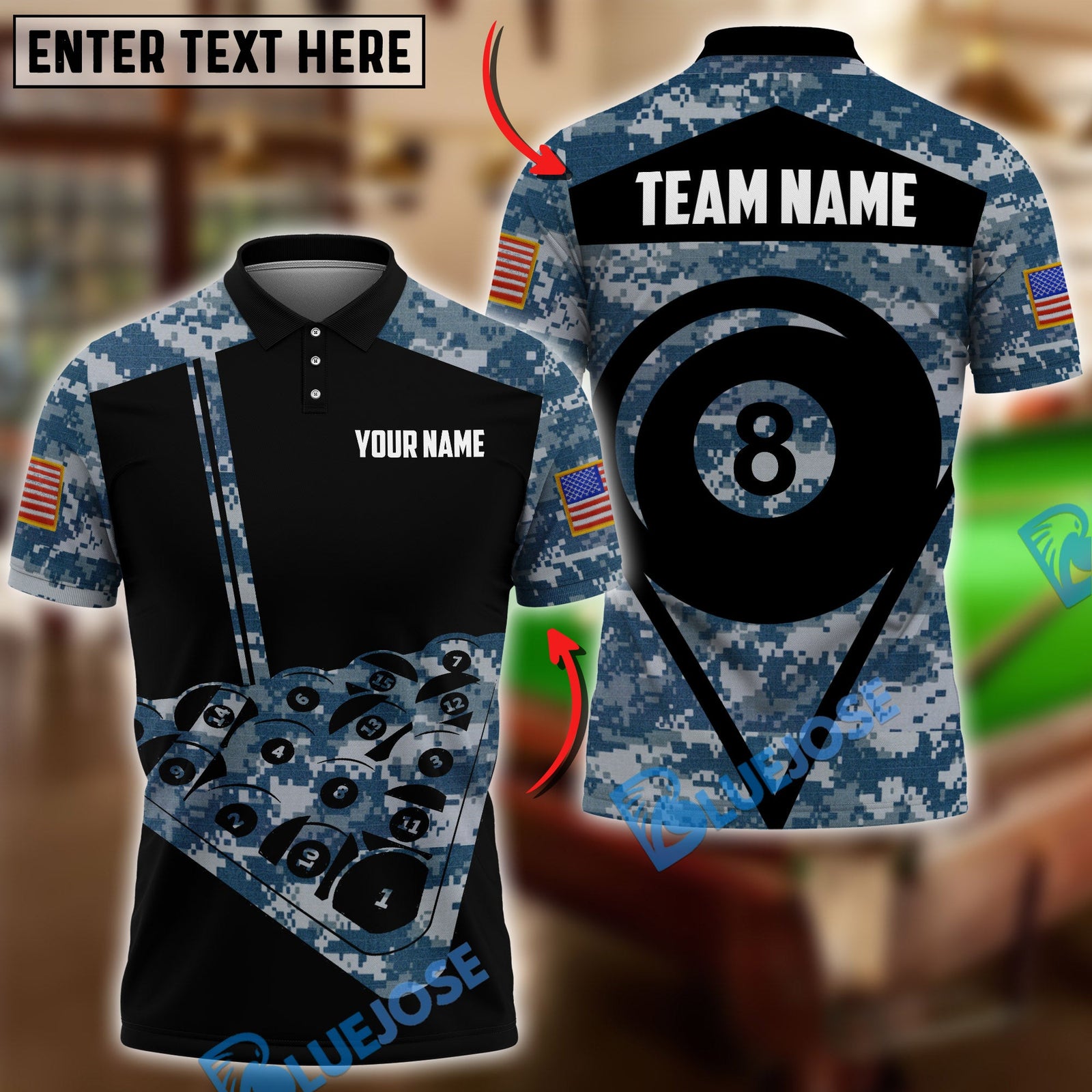 BlueJose Billiards Ball 8 Veteran Military Pool Camo Personalized Name Shirt (4 Colors)