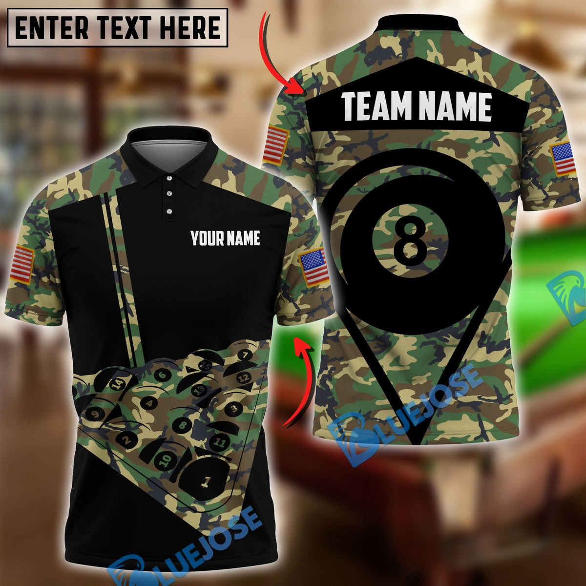BlueJose Billiards Ball 8 Veteran Military Pool Camo Personalized Name Shirt (4 Colors)