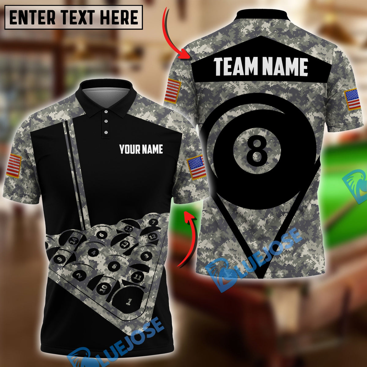 BlueJose Billiards Ball 8 Veteran Military Pool Camo Personalized Name Shirt (4 Colors)