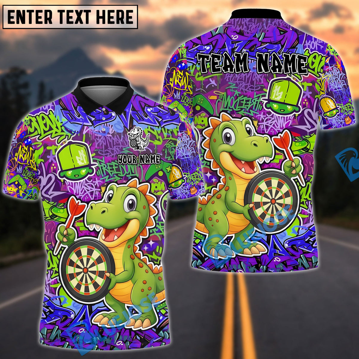 BlueJose Darts Graffiti Cute Dinosaur Dartboard Design Personalized Name, Team Name Unisex Shirt (4 Colors)