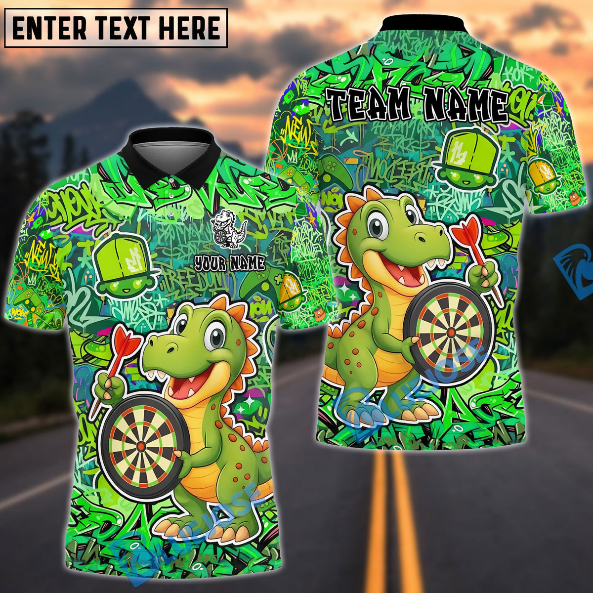 BlueJose Darts Graffiti Cute Dinosaur Dartboard Design Personalized Name, Team Name Unisex Shirt (4 Colors)