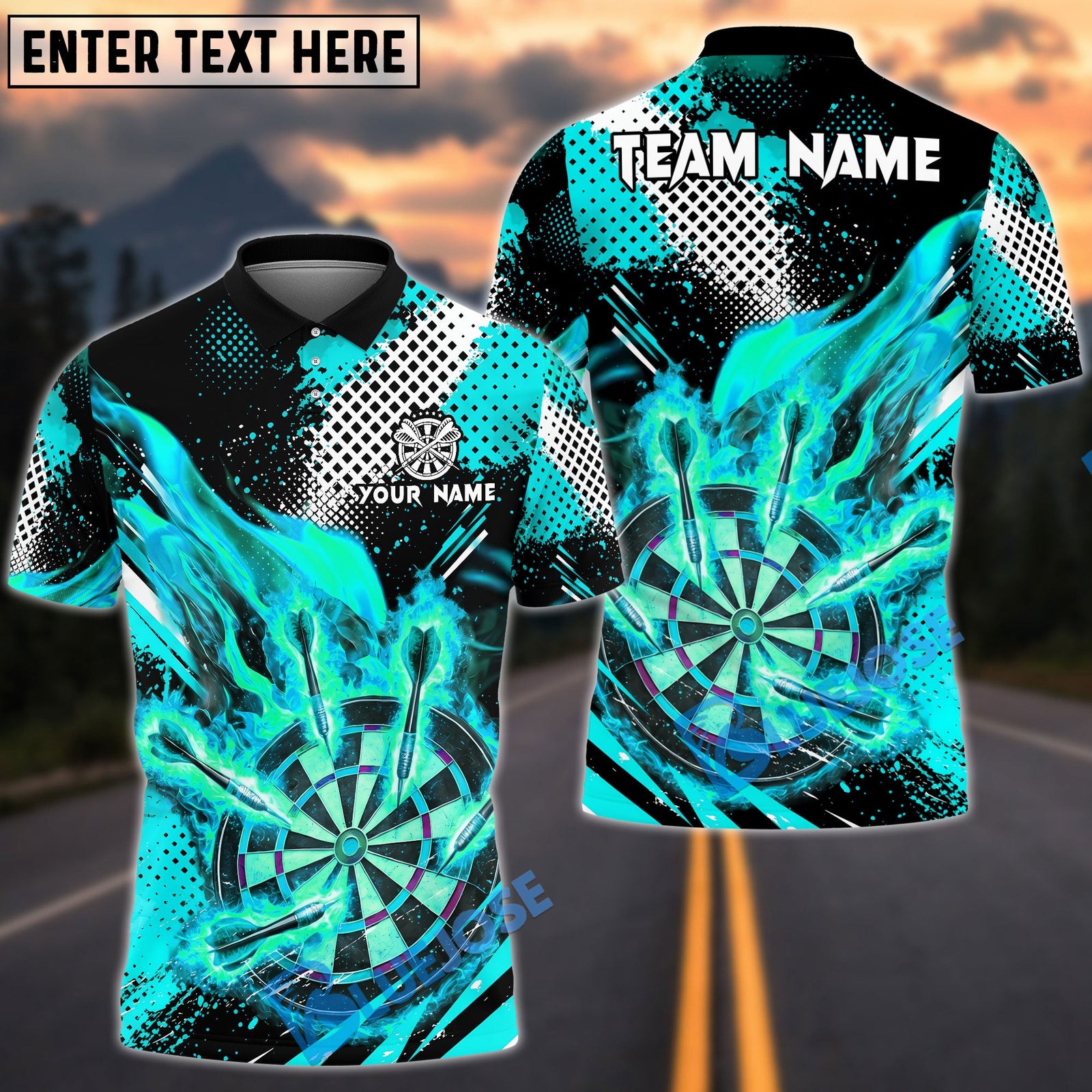 BlueJose Darts Flaming Dartboard Grunge Dot Design Personalized Name, Team Name Unisex Shirt (4 Colors)
