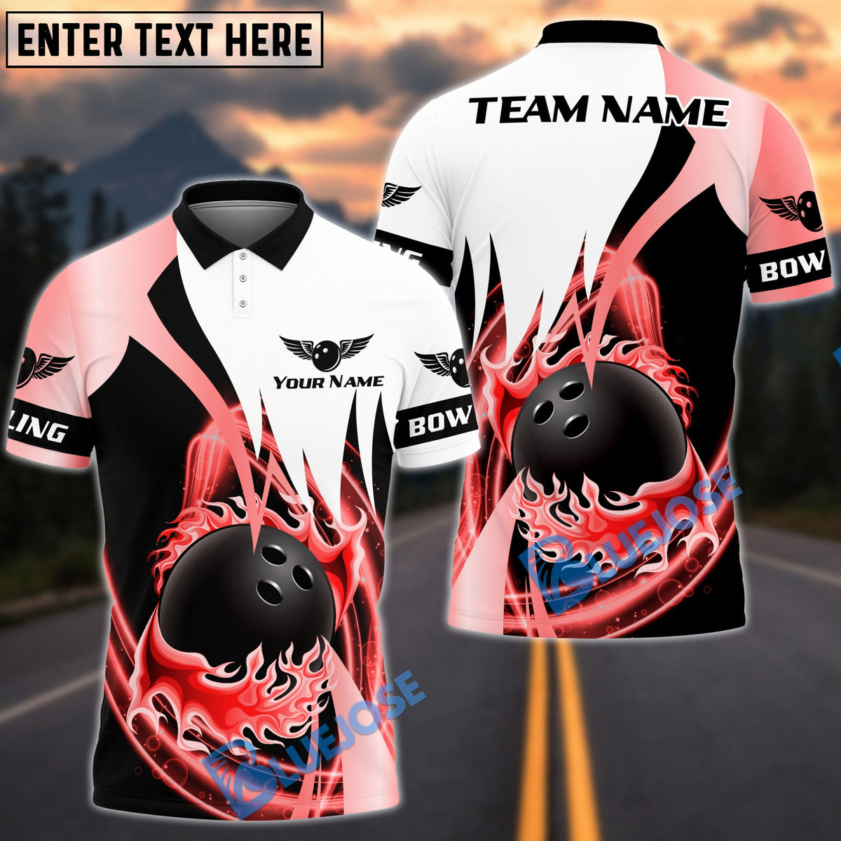 BlueJose Bowling And Pins Flaming Ball Swirl Customized Name, Team Name 3D Shirt (6 Colors)