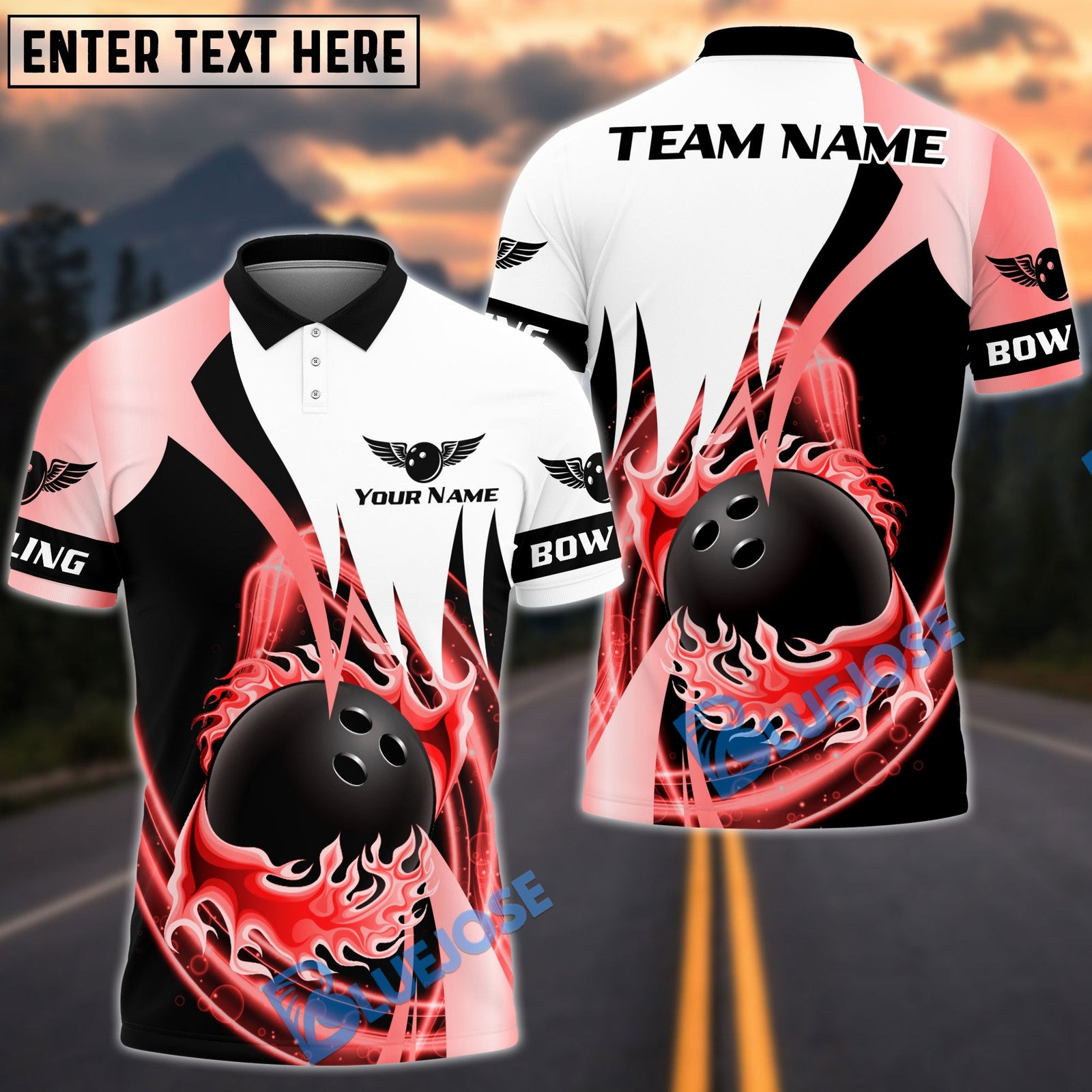 BlueJose Bowling And Pins Flaming Ball Swirl Customized Name, Team Name 3D Shirt (6 Colors)