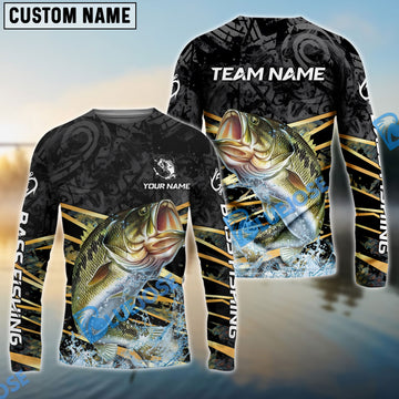 Bluejose Bass Fishing Black Gold Splash Dynamic Pattern Custom Name & Team Name 3D Shirts