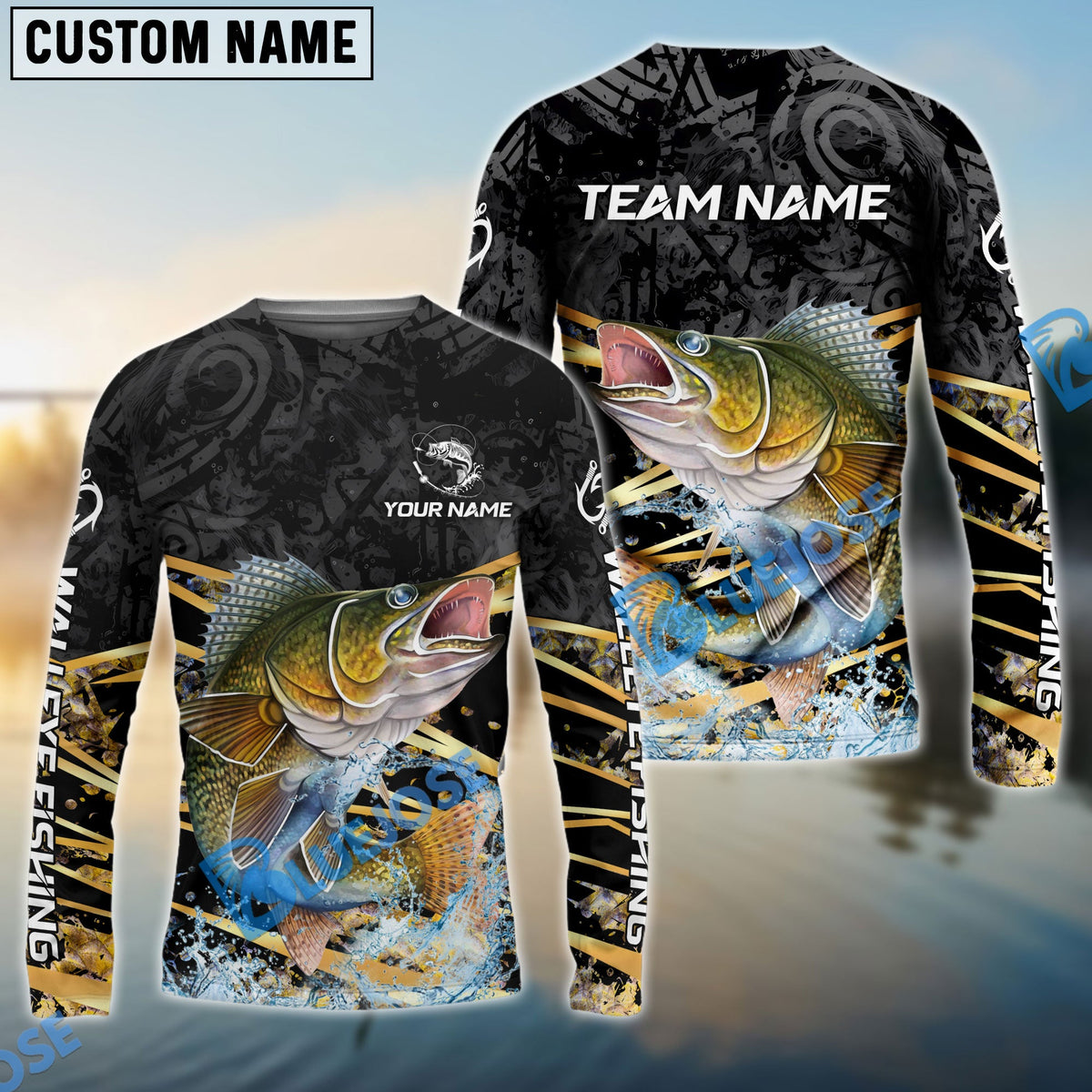 Bluejose Walleye Fishing Black Gold Splash Dynamic Pattern Custom Name &amp; Team Name 3D Shirts