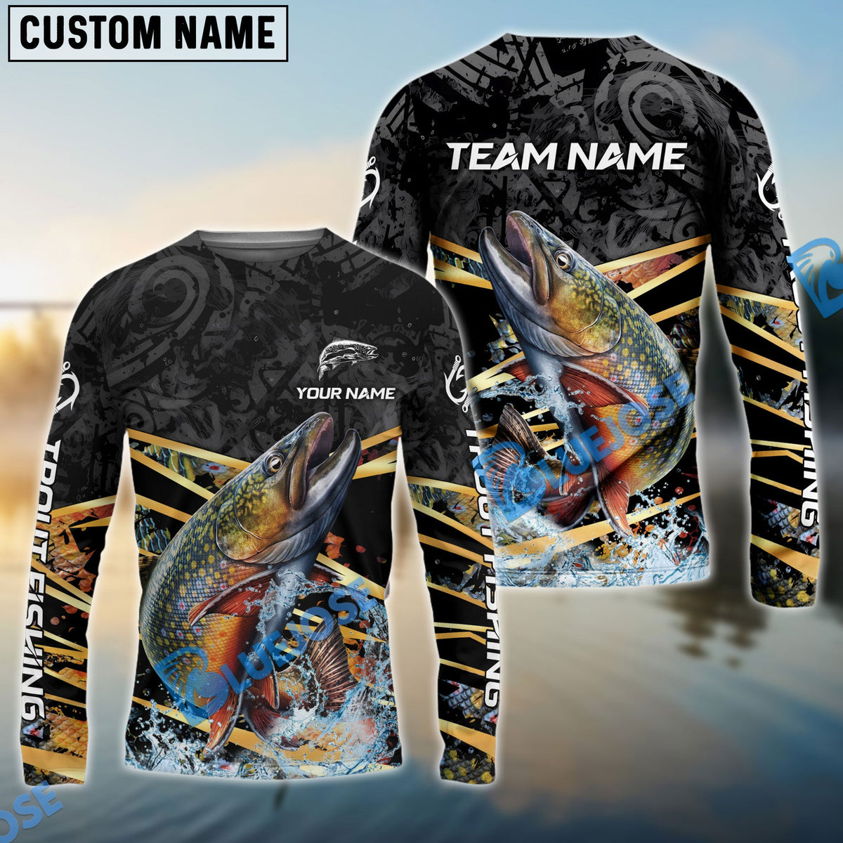 Bluejose Trout Fishing Black Gold Splash Dynamic Pattern Custom Name &amp; Team Name 3D Shirts