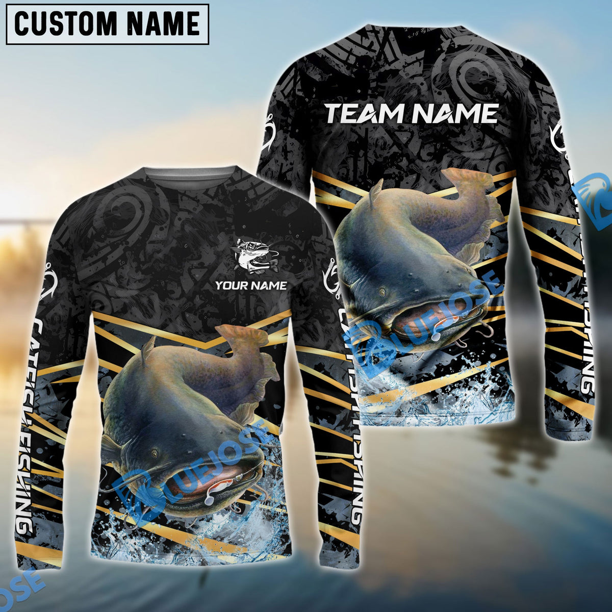 Bluejose Catfish Fishing Black Gold Splash Dynamic Pattern Custom Name &amp; Team Name 3D Shirts