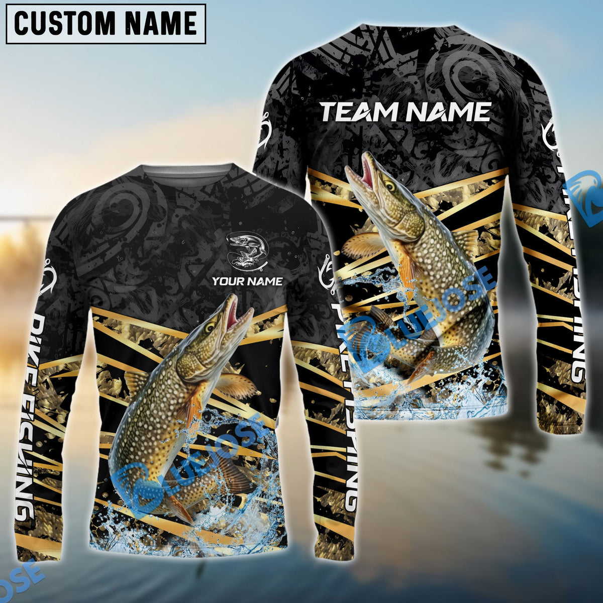 Bluejose Pike Fishing Black Gold Splash Dynamic Pattern Custom Name &amp; Team Name 3D Shirts