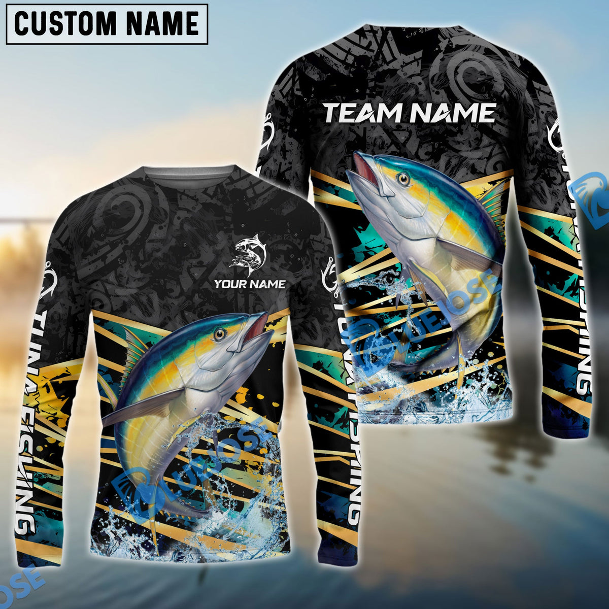 Bluejose Tuna Fishing Black Gold Splash Dynamic Pattern Custom Name &amp; Team Name 3D Shirts