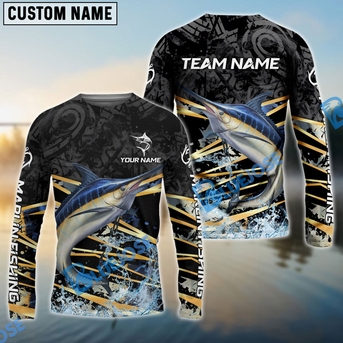 Bluejose Marlin Fishing Black Gold Splash Dynamic Pattern Custom Name &amp; Team Name 3D Shirts