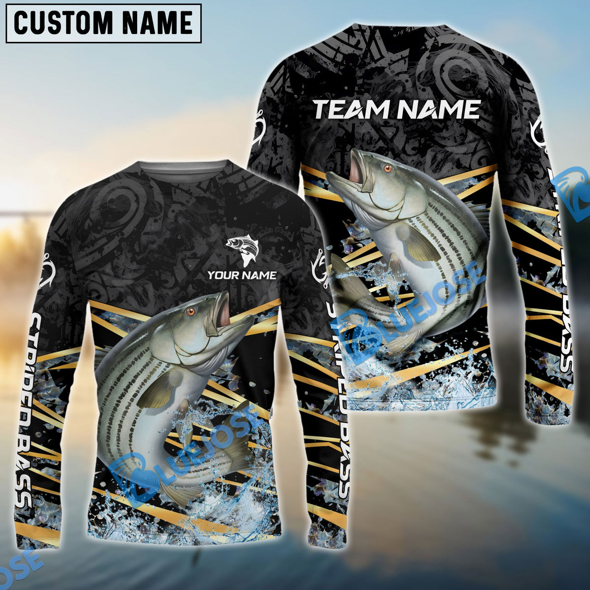 Bluejose Striped Bass Fishing Black Gold Splash Dynamic Pattern Custom Name &amp; Team Name 3D Shirts
