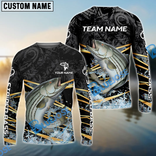 Bluejose Striped Bass Fishing Black Gold Splash Dynamic Pattern Custom Name & Team Name 3D Shirts