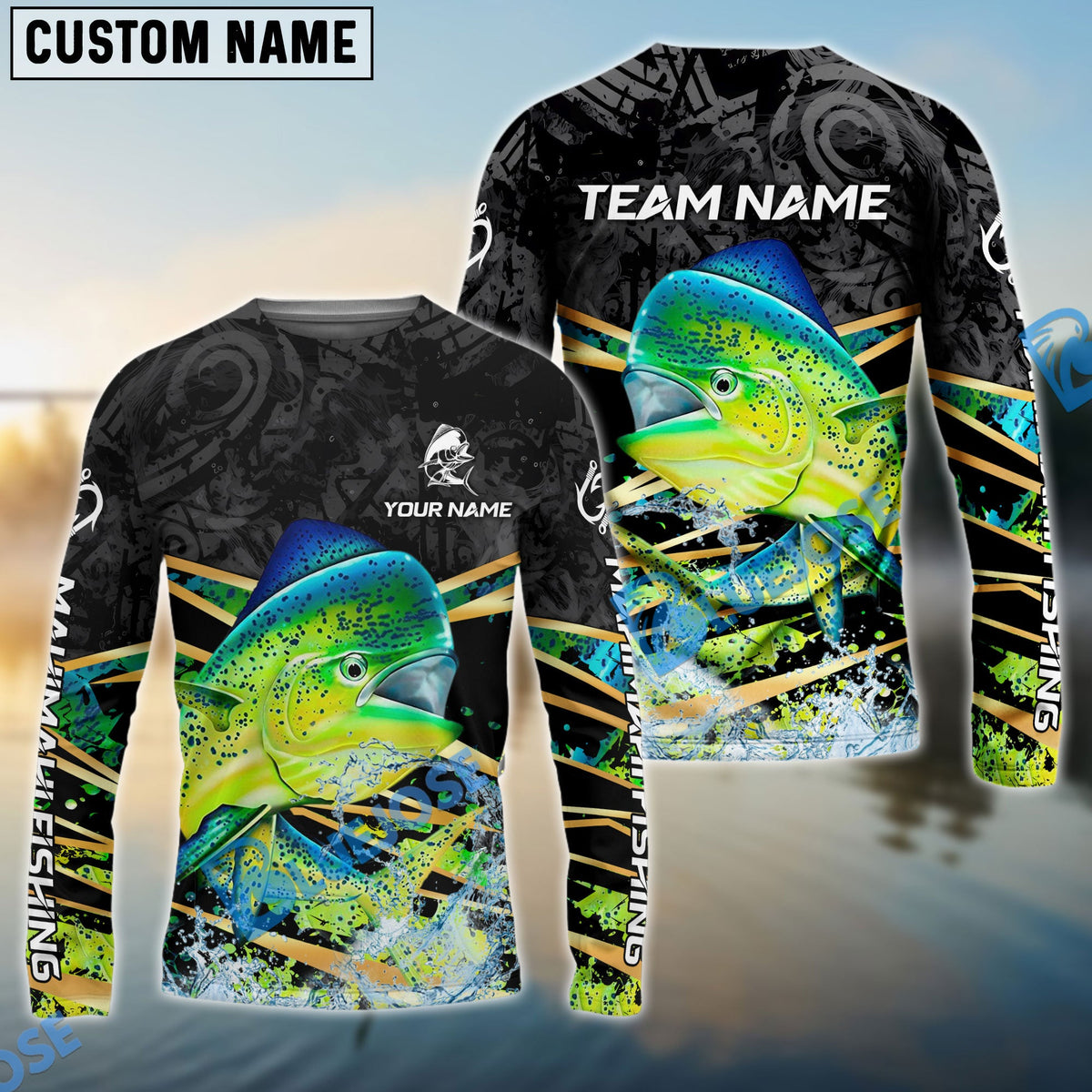 Bluejose Mahi-Mahi Fishing Black Gold Splash Dynamic Pattern Custom Name &amp; Team Name 3D Shirts