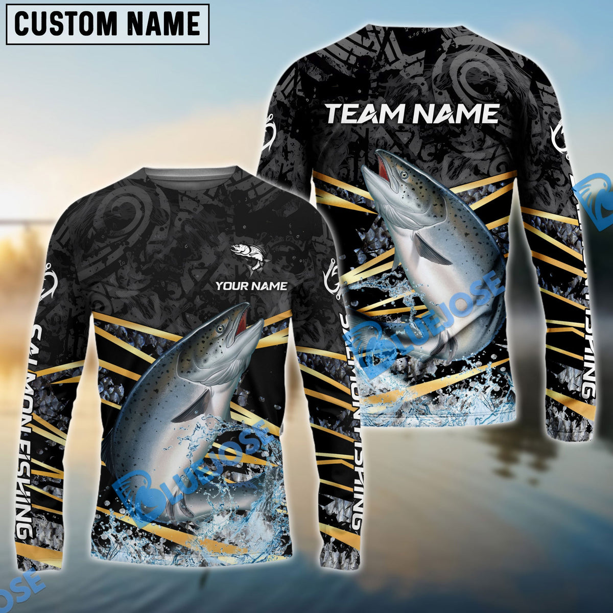 Bluejose Salmon Fishing Black Gold Splash Dynamic Pattern Custom Name &amp; Team Name 3D Shirts
