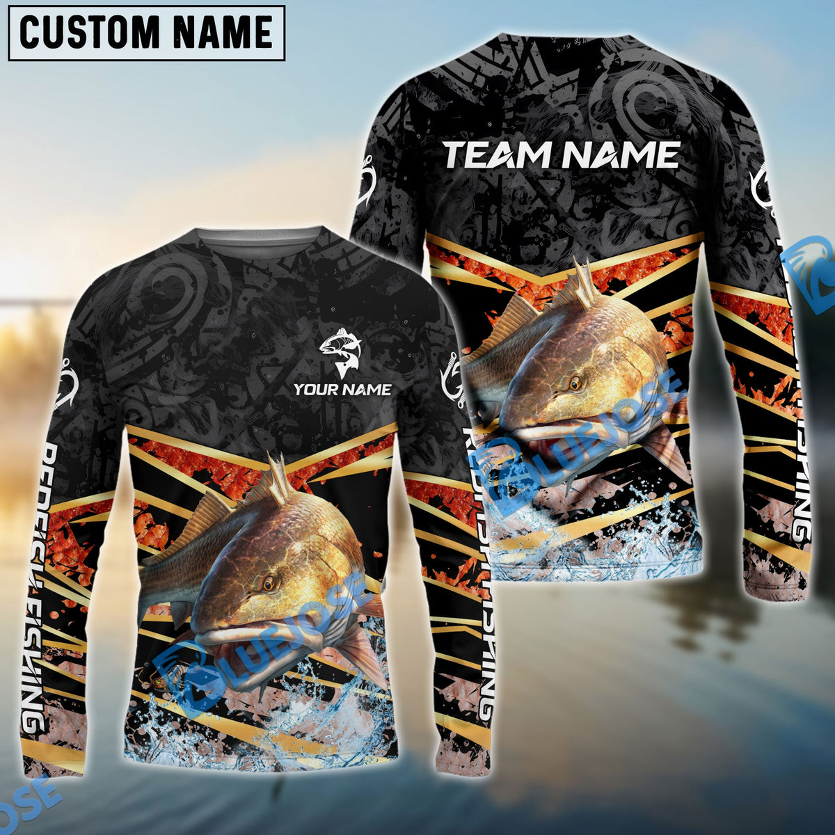 Bluejose Redfish Fishing Black Gold Splash Dynamic Pattern Custom Name &amp; Team Name 3D Shirts