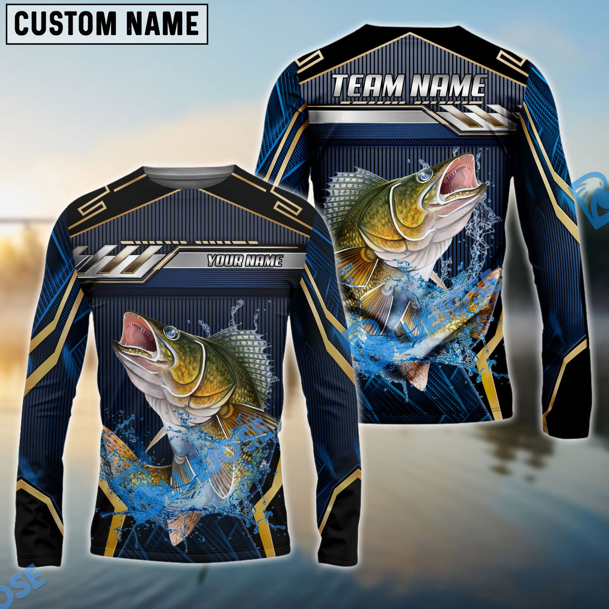 Bluejose Walleye Fishing Black Gold Geometric Custom Name &amp; Team Name 3D Shirts