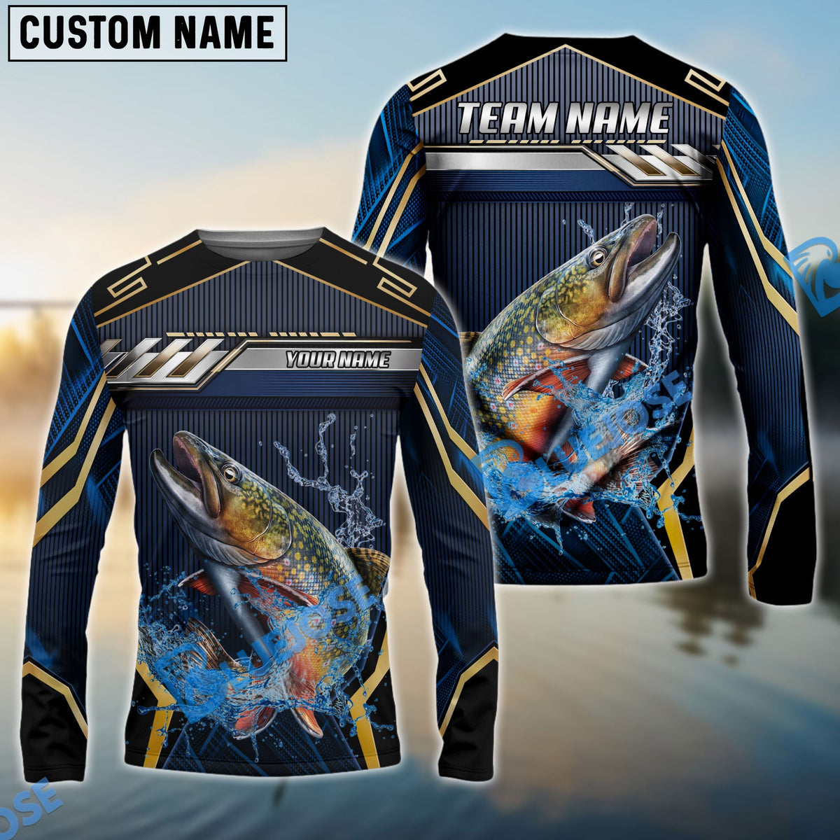 Bluejose Trout Fishing Black Gold Geometric Custom Name &amp; Team Name 3D Shirts