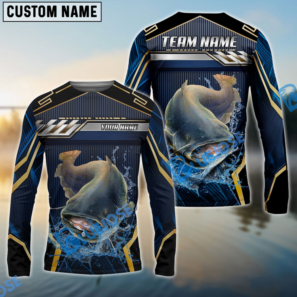 Bluejose Catfish Fishing Black Gold Geometric Custom Name &amp; Team Name 3D Shirts