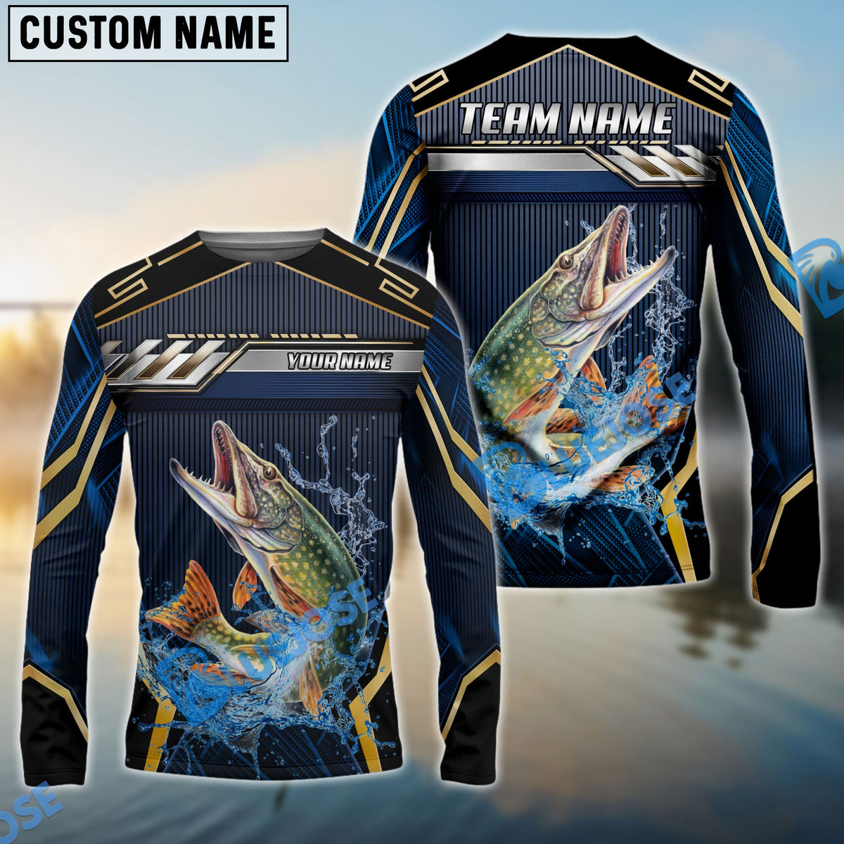 Bluejose Pike Fishing Black Gold Geometric Custom Name &amp; Team Name 3D Shirts