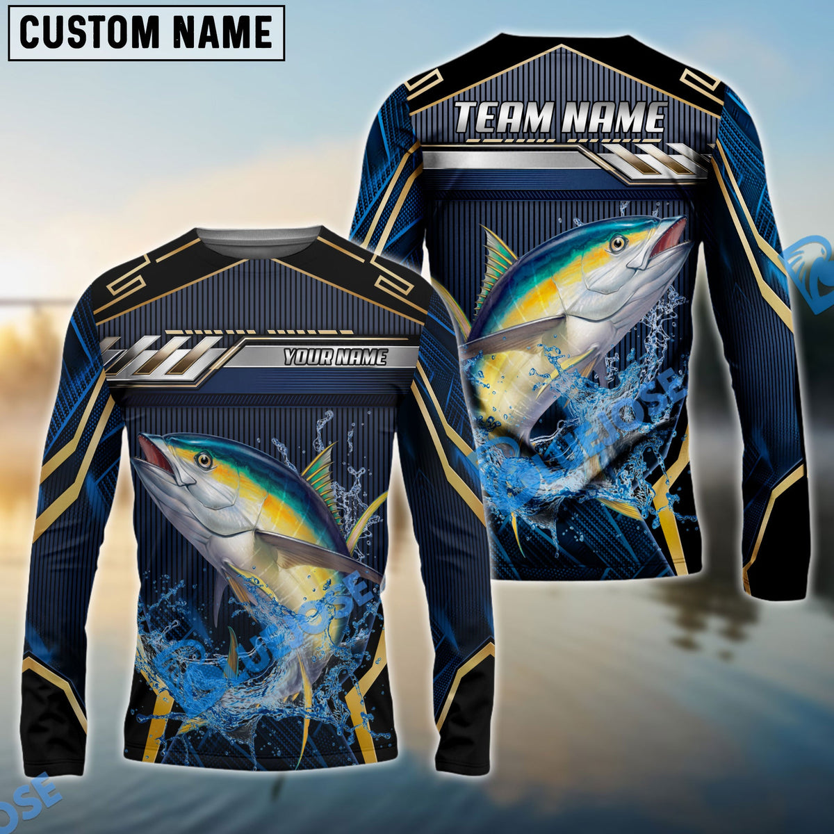 Bluejose Tuna Fishing Black Gold Geometric Custom Name &amp; Team Name 3D Shirts