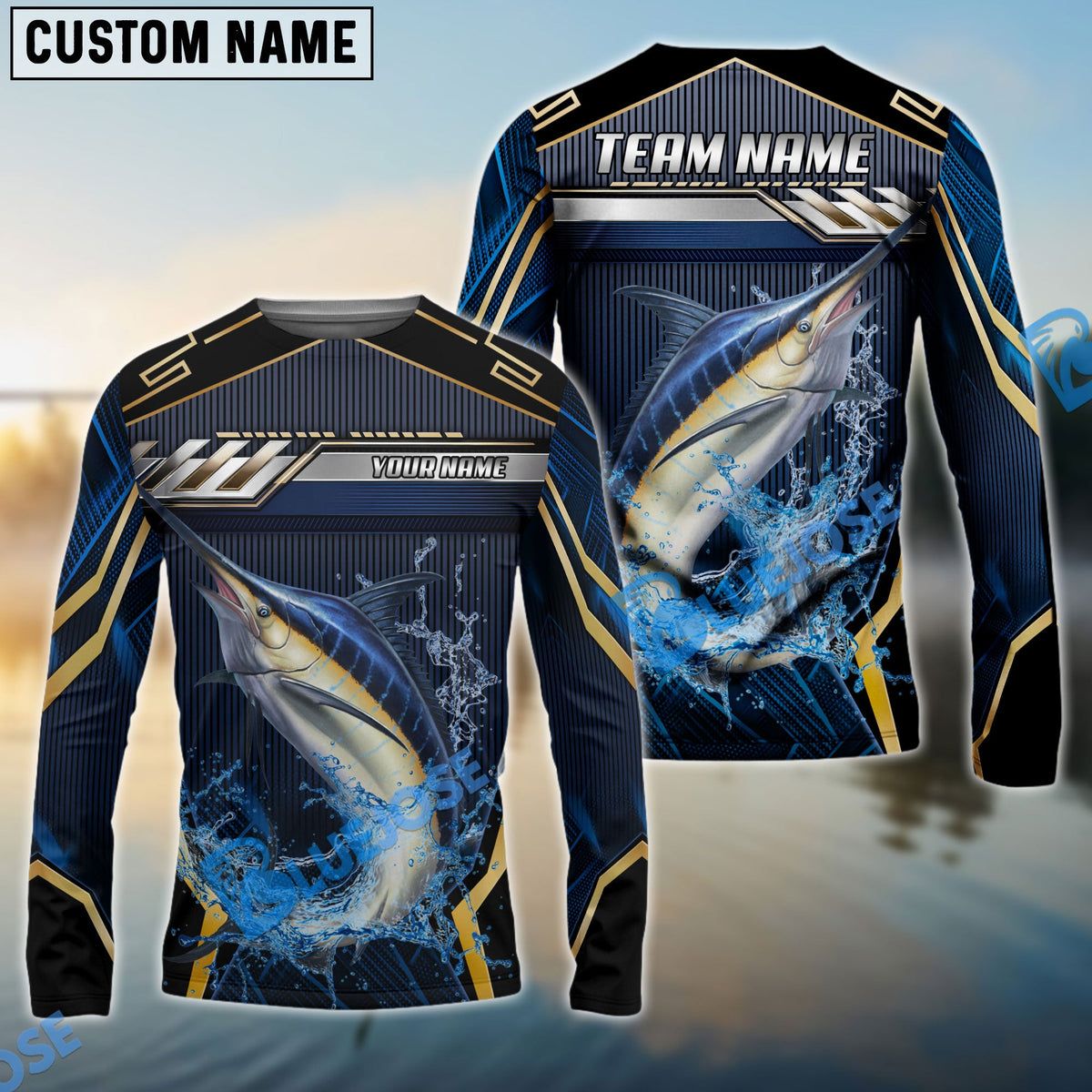 Bluejose Marlin Fishing Black Gold Geometric Custom Name &amp; Team Name 3D Shirts