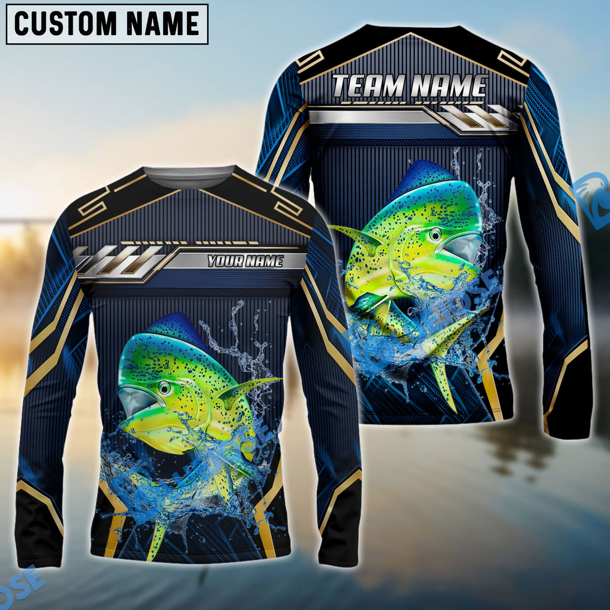 Bluejose Mahi-Mahi Fishing Black Gold Geometric Custom Name &amp; Team Name 3D Shirts