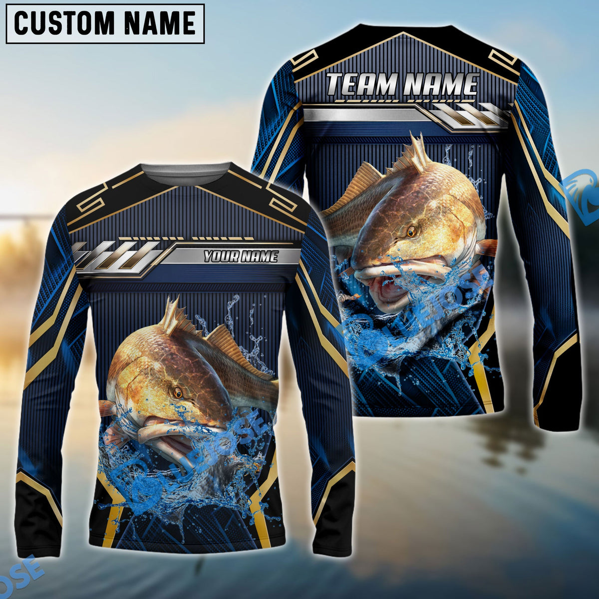 Bluejose Redfish Fishing Black Gold Geometric Custom Name &amp; Team Name 3D Shirts