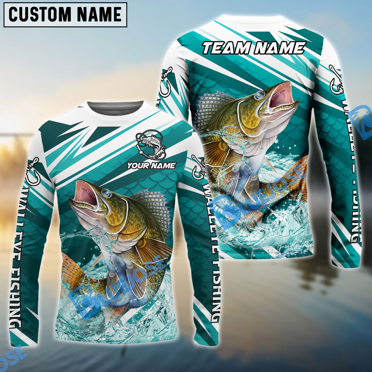 Bluejose Walleye Fishing Cyan Scale Pattern Splash Water Custom Name &amp; Team Name 3D Shirts