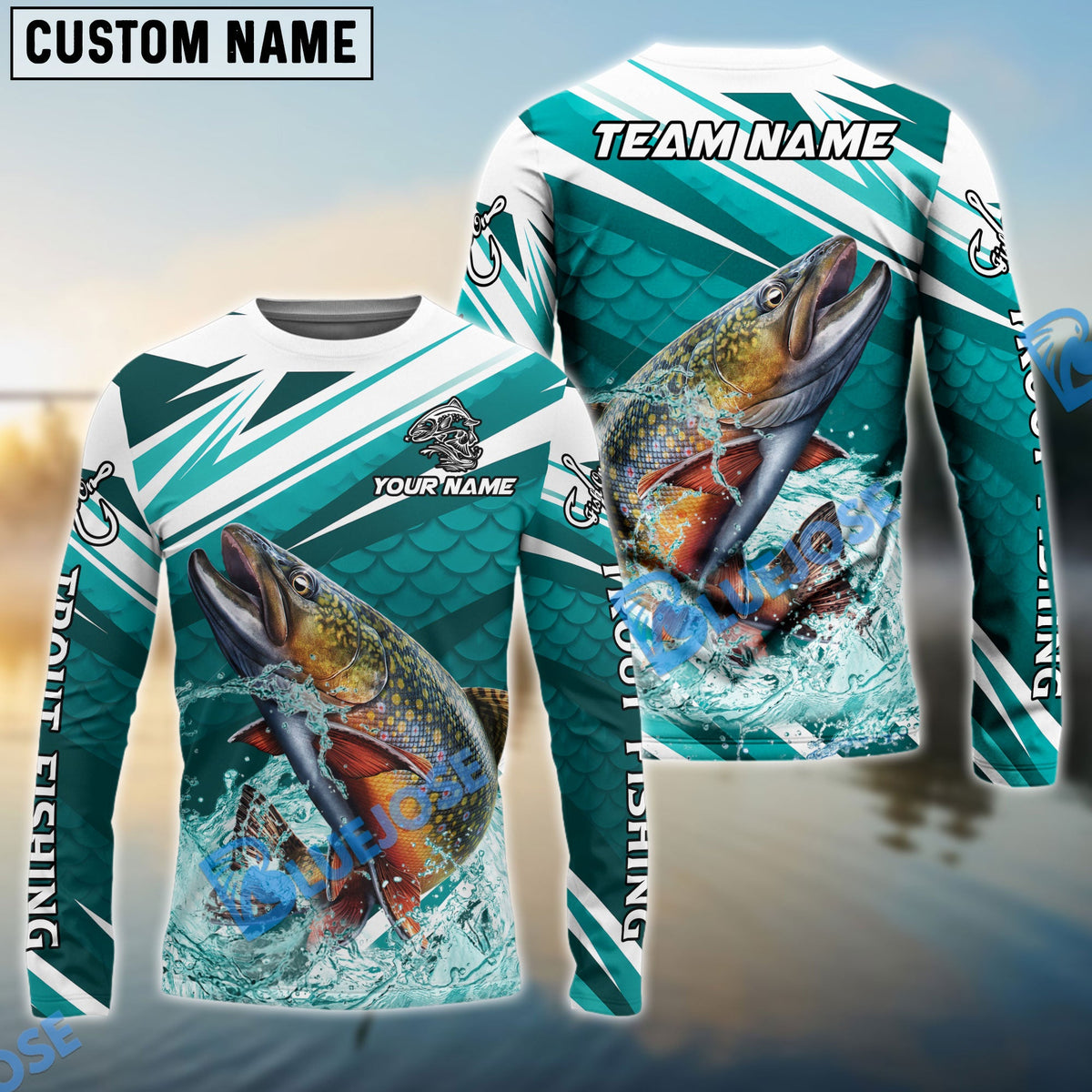 Bluejose Trout Fishing Cyan Scale Pattern Splash Water Custom Name &amp; Team Name 3D Shirts