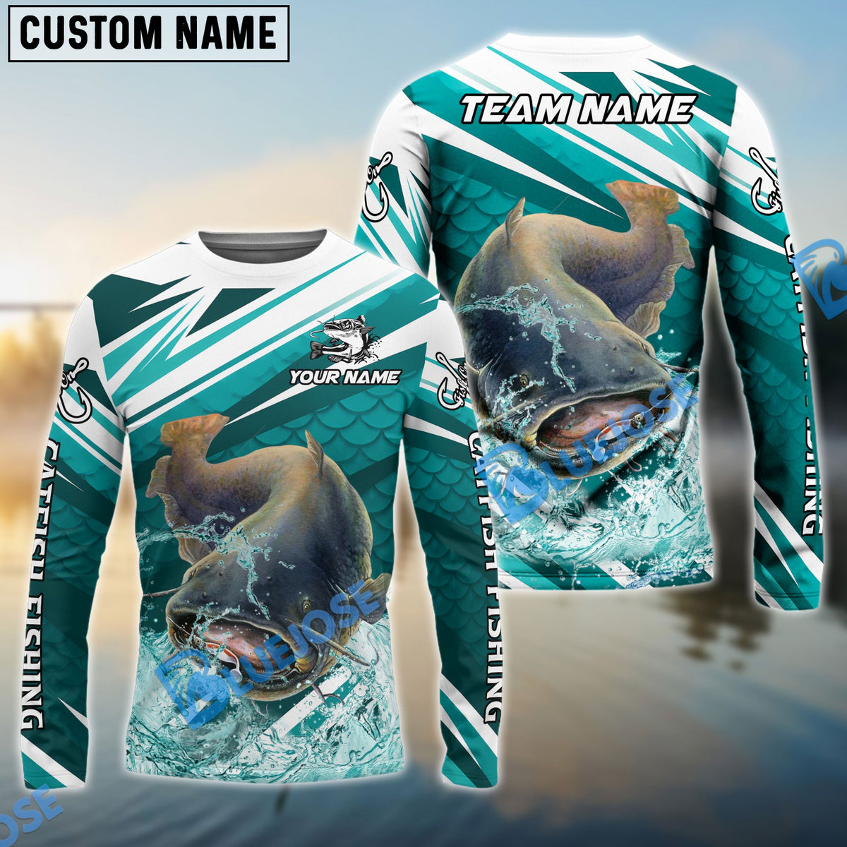 Bluejose Catfish Fishing Cyan Scale Pattern Splash Water Custom Name &amp; Team Name 3D Shirts