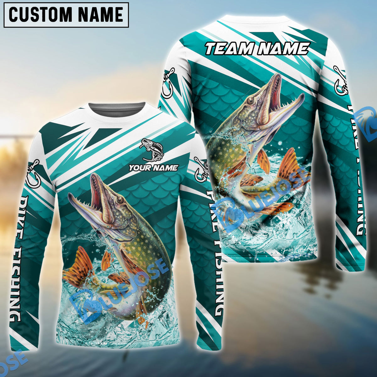 Bluejose Pike Fishing Cyan Scale Pattern Splash Water Custom Name &amp; Team Name 3D Shirts
