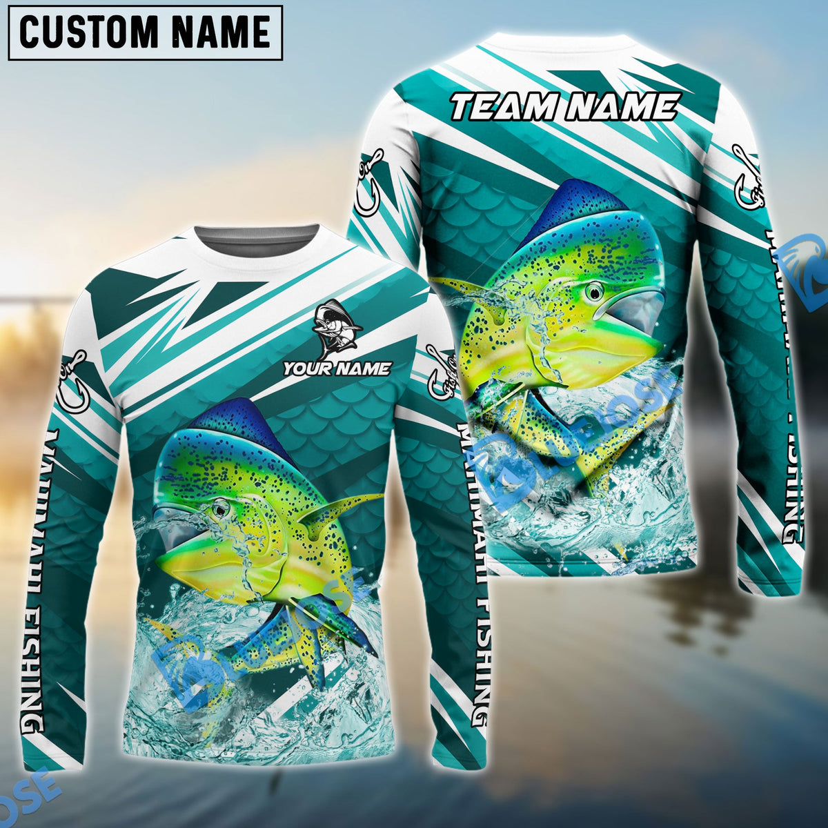 Bluejose Mahi-Mahi Fishing Cyan Scale Pattern Splash Water Custom Name &amp; Team Name 3D Shirts
