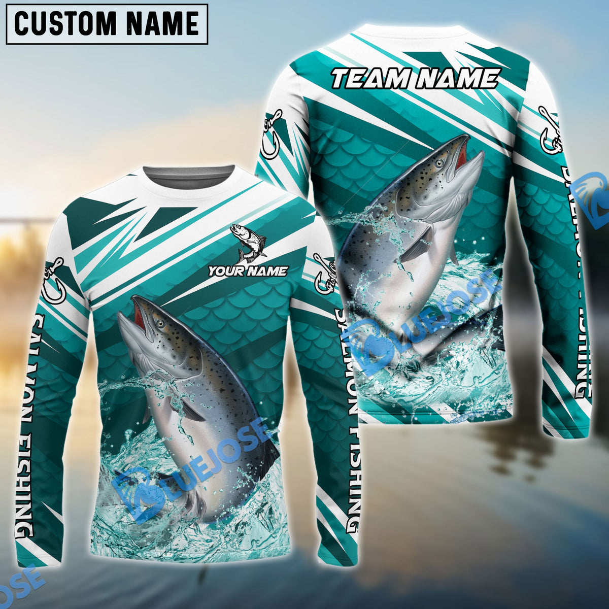 Bluejose Salmon Fishing Cyan Scale Pattern Splash Water Custom Name &amp; Team Name 3D Shirts