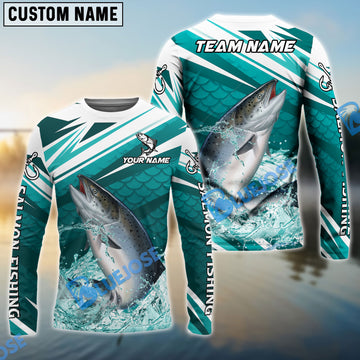 Bluejose Salmon Fishing Cyan Scale Pattern Splash Water Custom Name & Team Name 3D Shirts