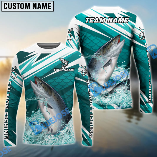 Bluejose Salmon Fishing Cyan Scale Pattern Splash Water Custom Name & Team Name 3D Shirts