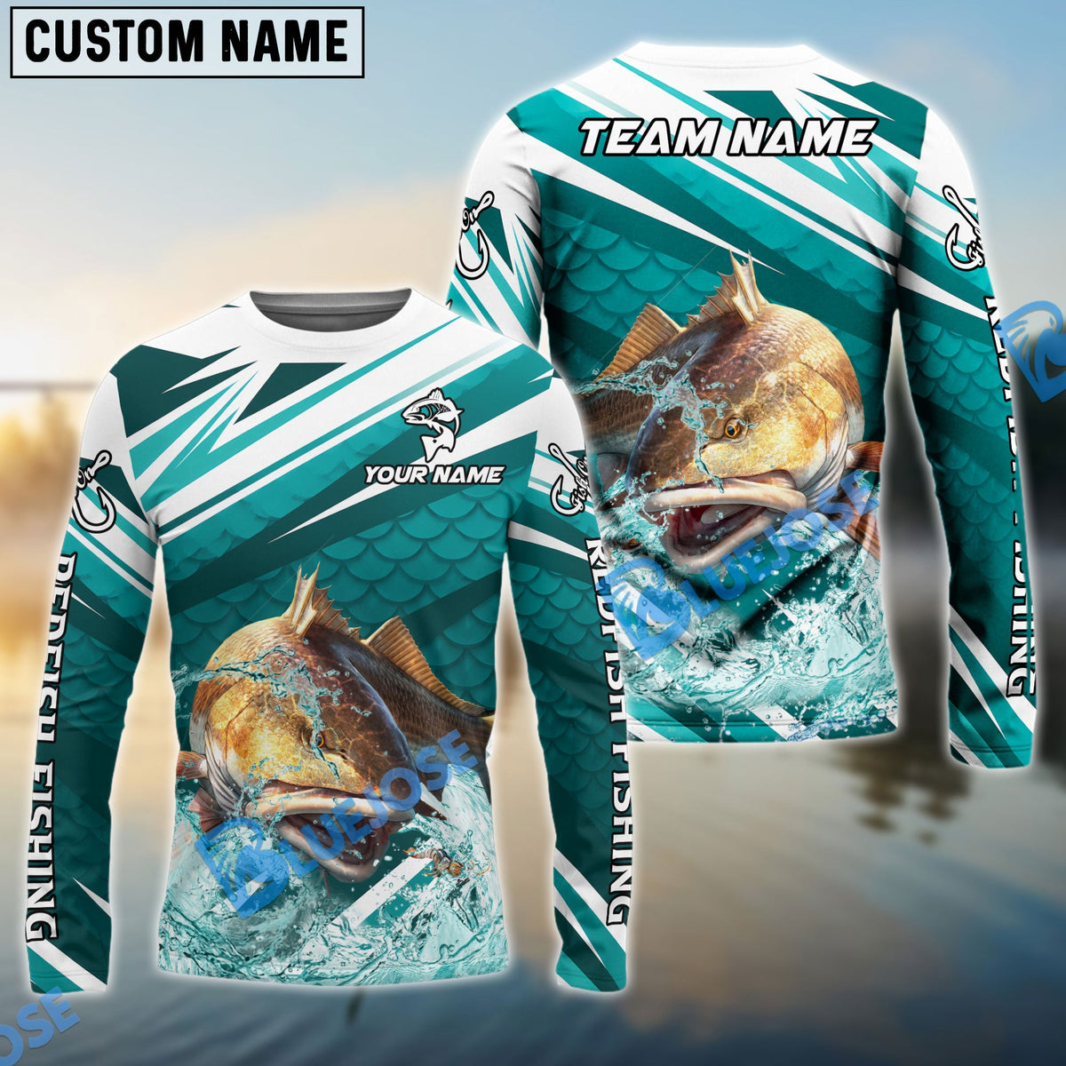 Bluejose Redfish Fishing Cyan Scale Pattern Splash Water Custom Name &amp; Team Name 3D Shirts