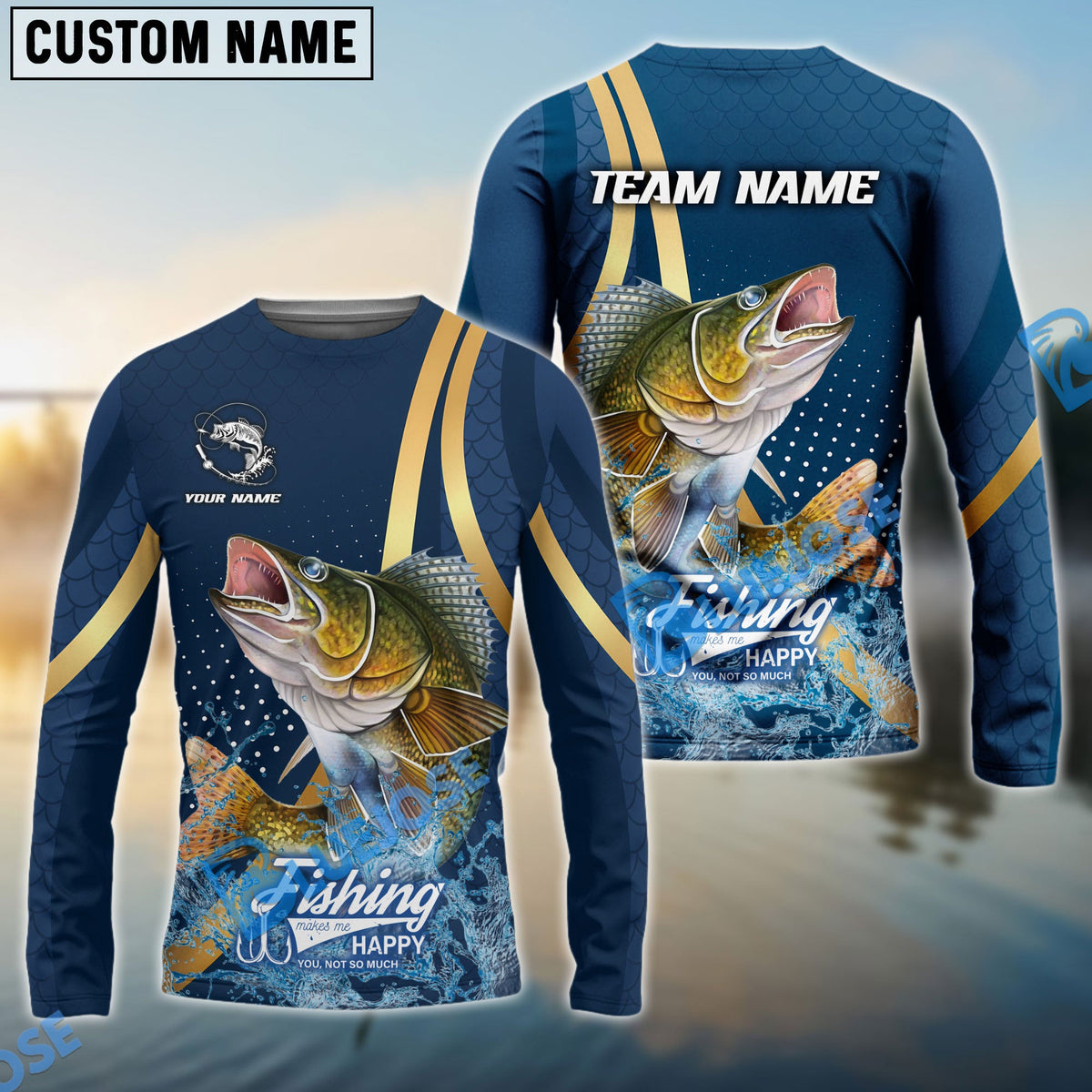 Bluejose Walleye Fishing Navy Gold Sport Stripe Scale Pattern Custom Name &amp; Team Name 3D Shirts