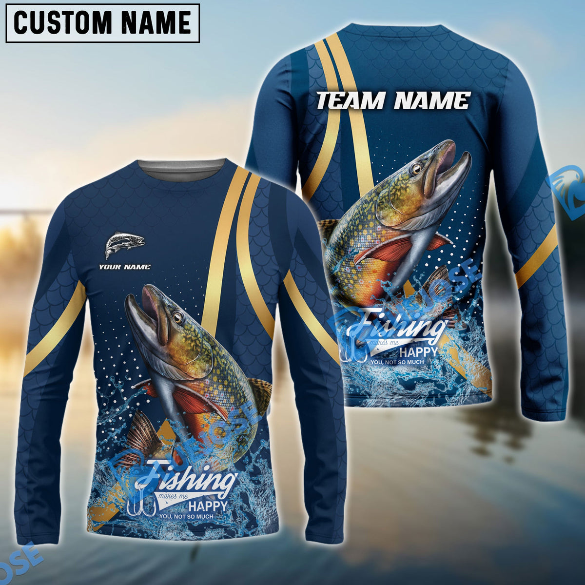 Bluejose Trout Fishing Navy Gold Sport Stripe Scale Pattern Custom Name &amp; Team Name 3D Shirts