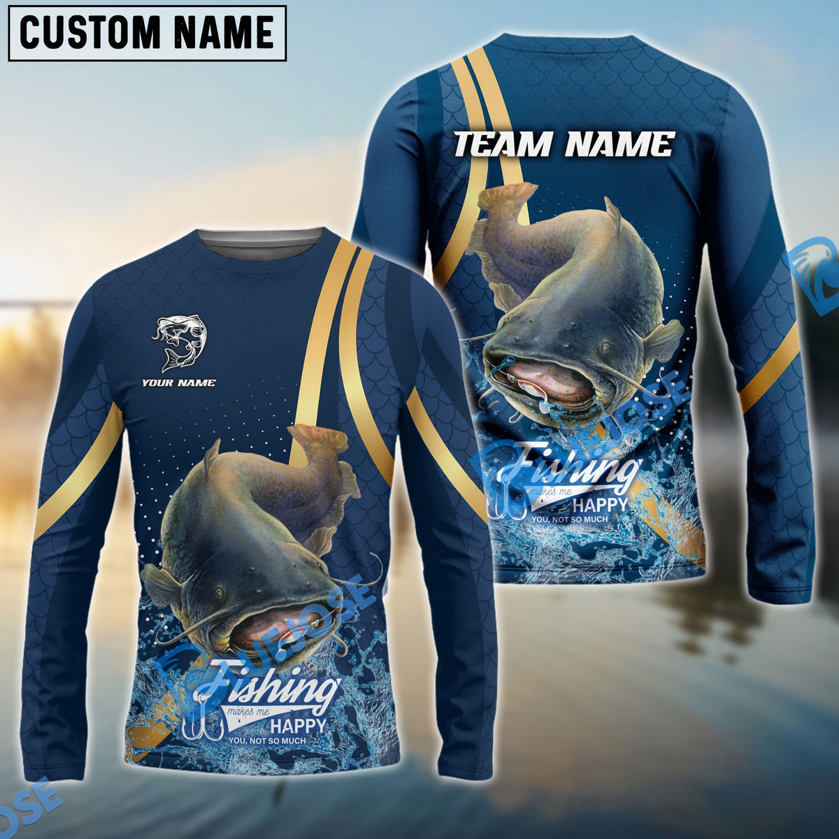 Bluejose Catfish Fishing Navy Gold Sport Stripe Scale Pattern Custom Name &amp; Team Name 3D Shirts
