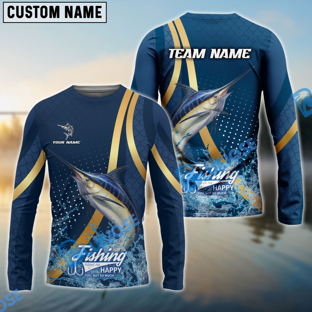 Bluejose Marlin Fishing Navy Gold Sport Stripe Scale Pattern Custom Name &amp; Team Name 3D Shirts