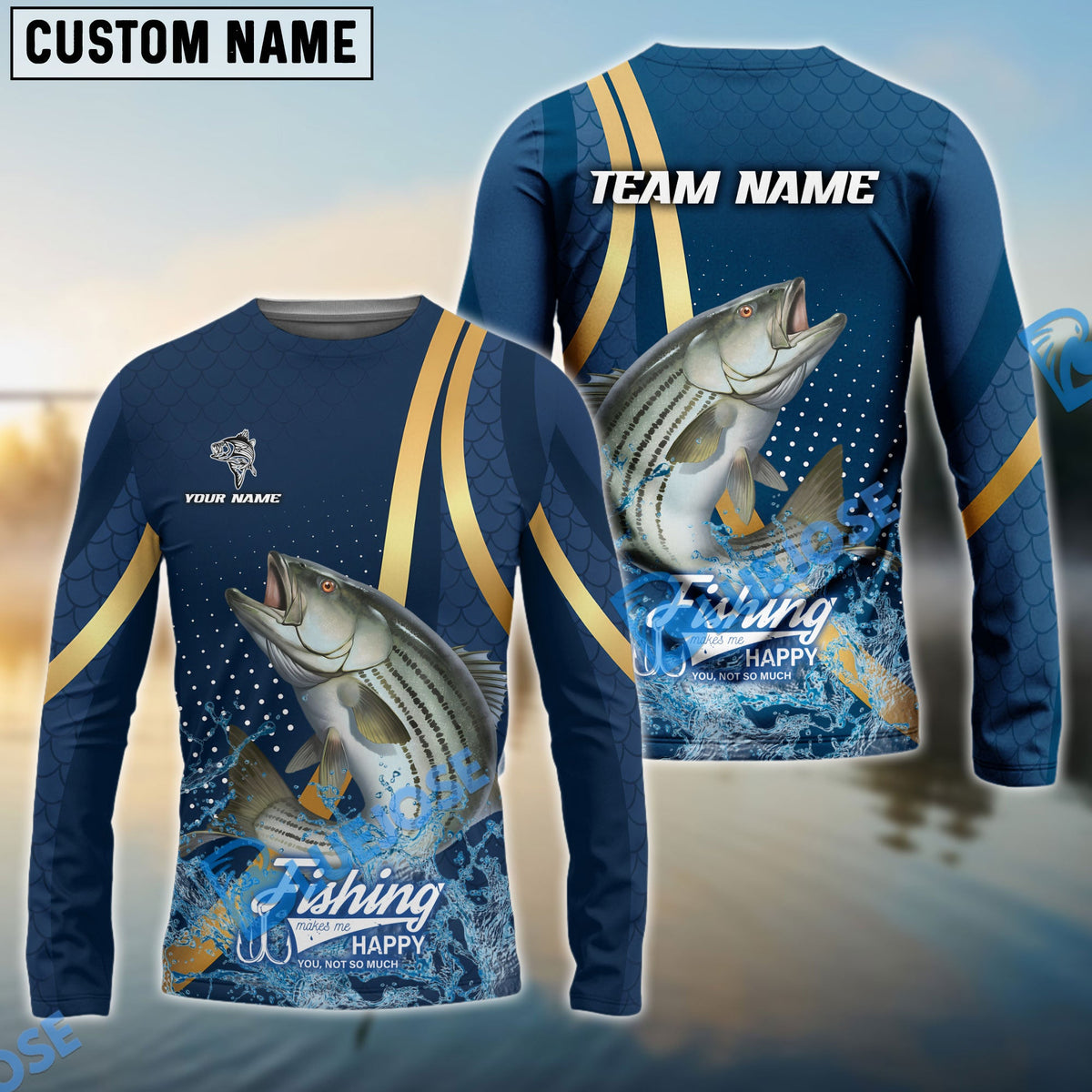 Bluejose Striped Bass Fishing Navy Gold Sport Stripe Scale Pattern Custom Name &amp; Team Name 3D Shirts