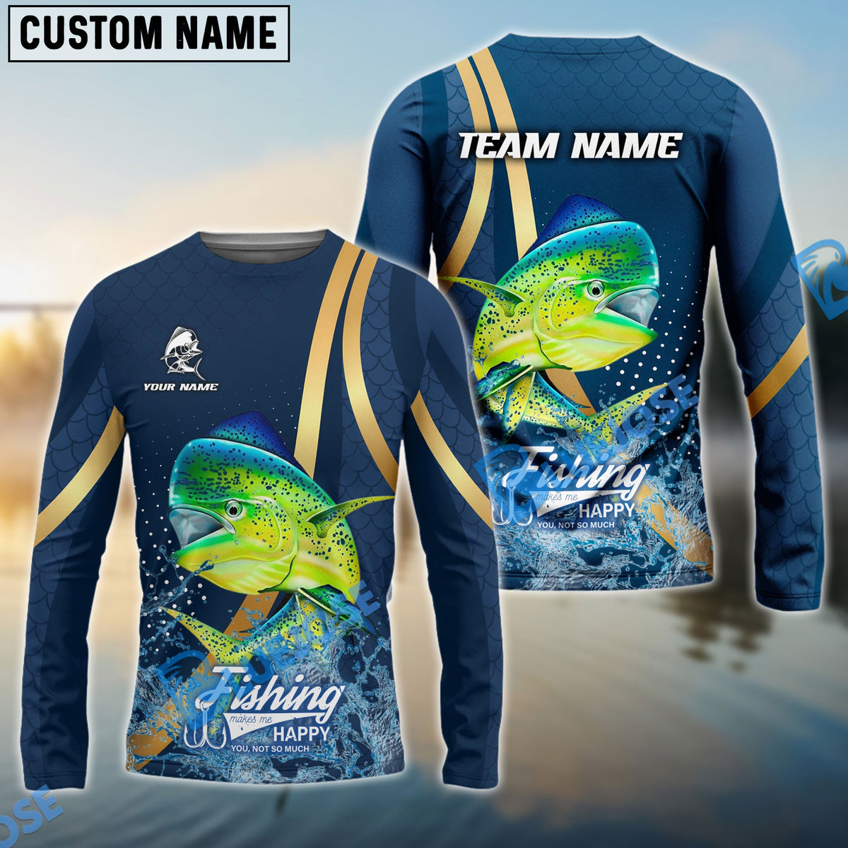 Bluejose Mahi-Mahi Fishing Navy Gold Sport Stripe Scale Pattern Custom Name &amp; Team Name 3D Shirts